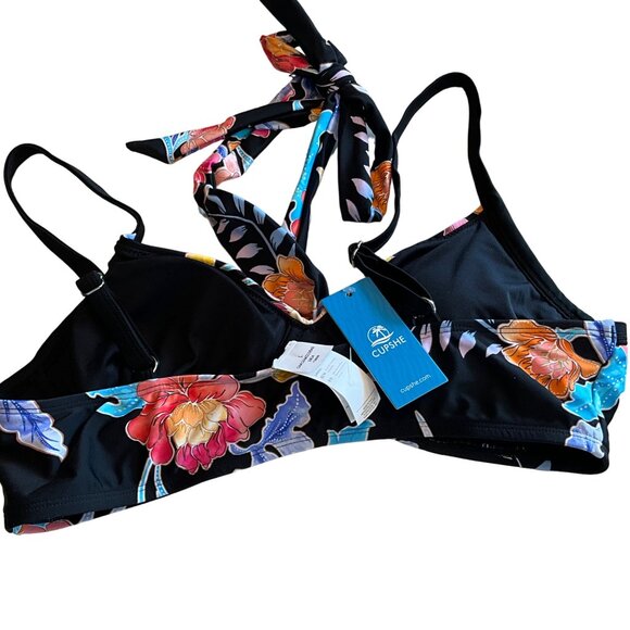 Cupshe Underwire Bikini Top‎ Black with Bright Florals Center Tie Adjustable - Picture 2 of 2